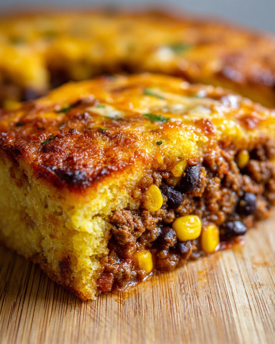 Close-up of a thick slice of tamale pie showing the cornbread top, savory meat filling, corn, and black beans.