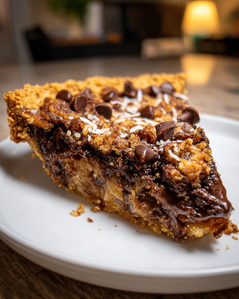 Close-up of a decadent slice of texas trash pie showing gooey chocolate filling, coconut, and chocolate chips on a crust.