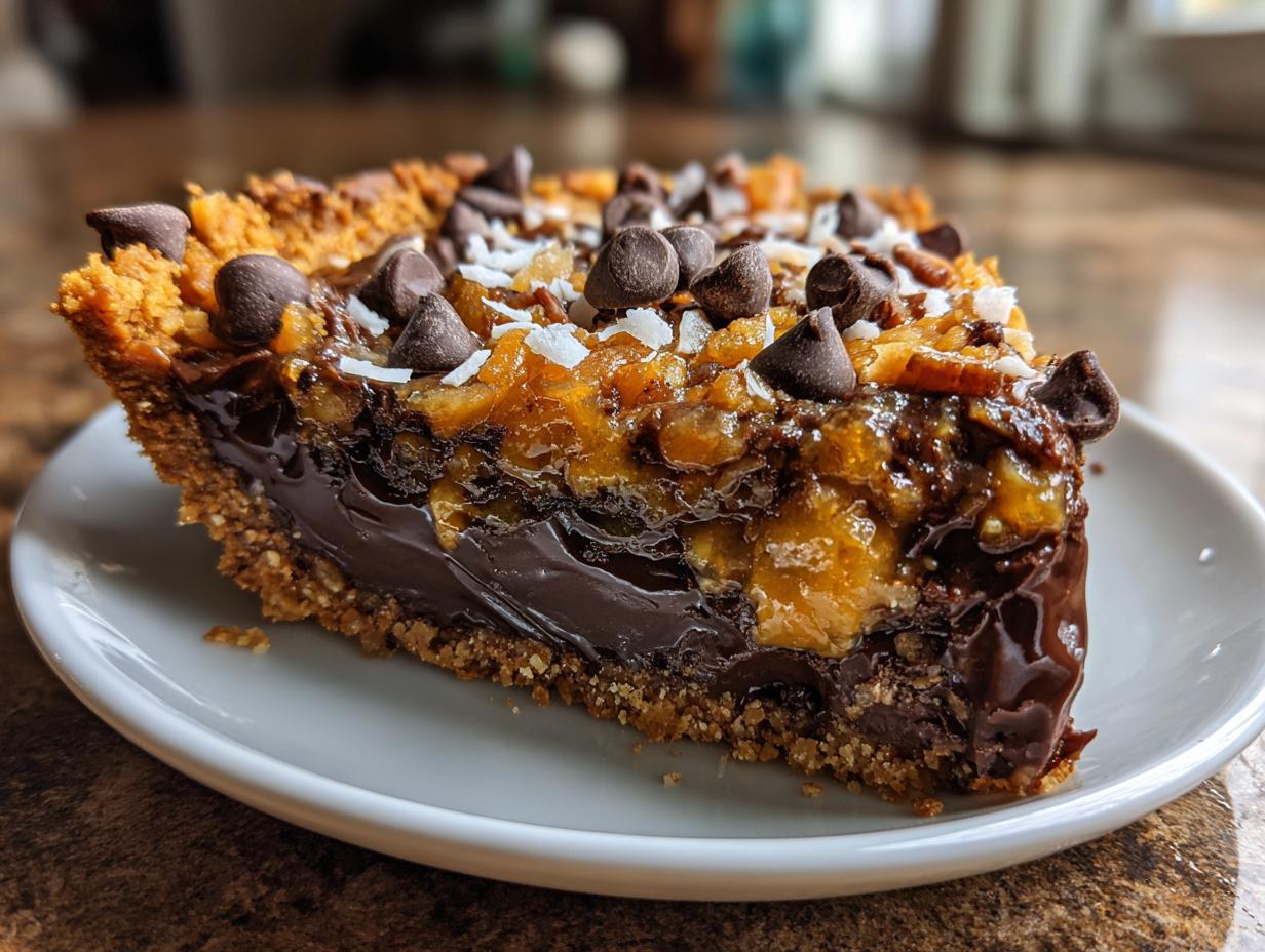 Close-up of a rich slice of texas trash pie showing layers of chocolate, caramel, and a crumb crust topped with chocolate chips.