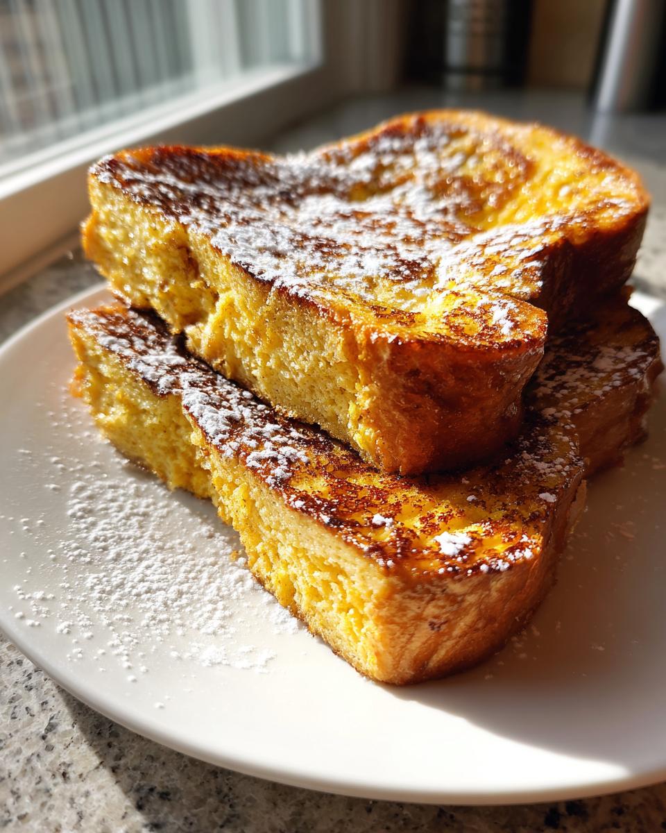 Close-up of thick slices of golden brown french toast dusted heavily with powdered sugar.