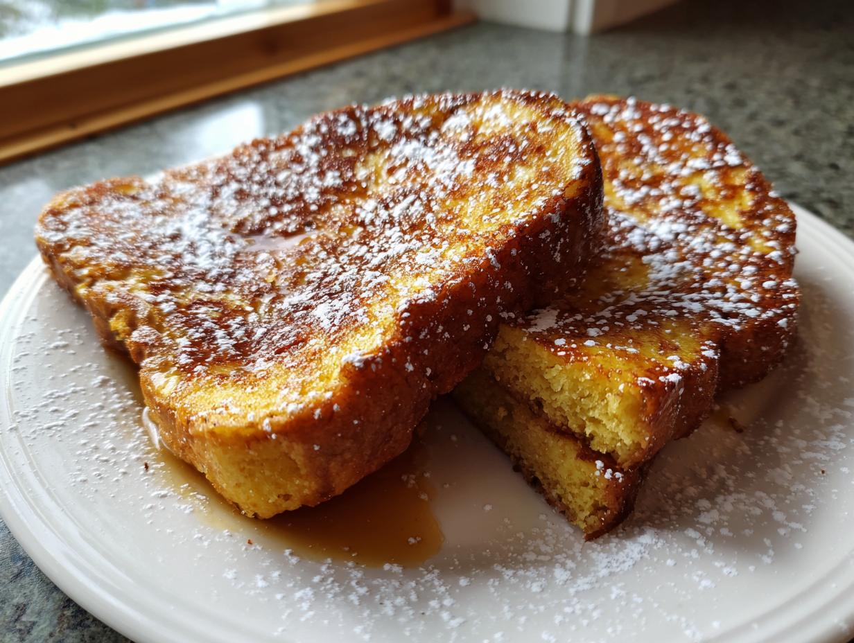 Close-up of thick slices of golden brown french toast dusted with powdered sugar and syrup.