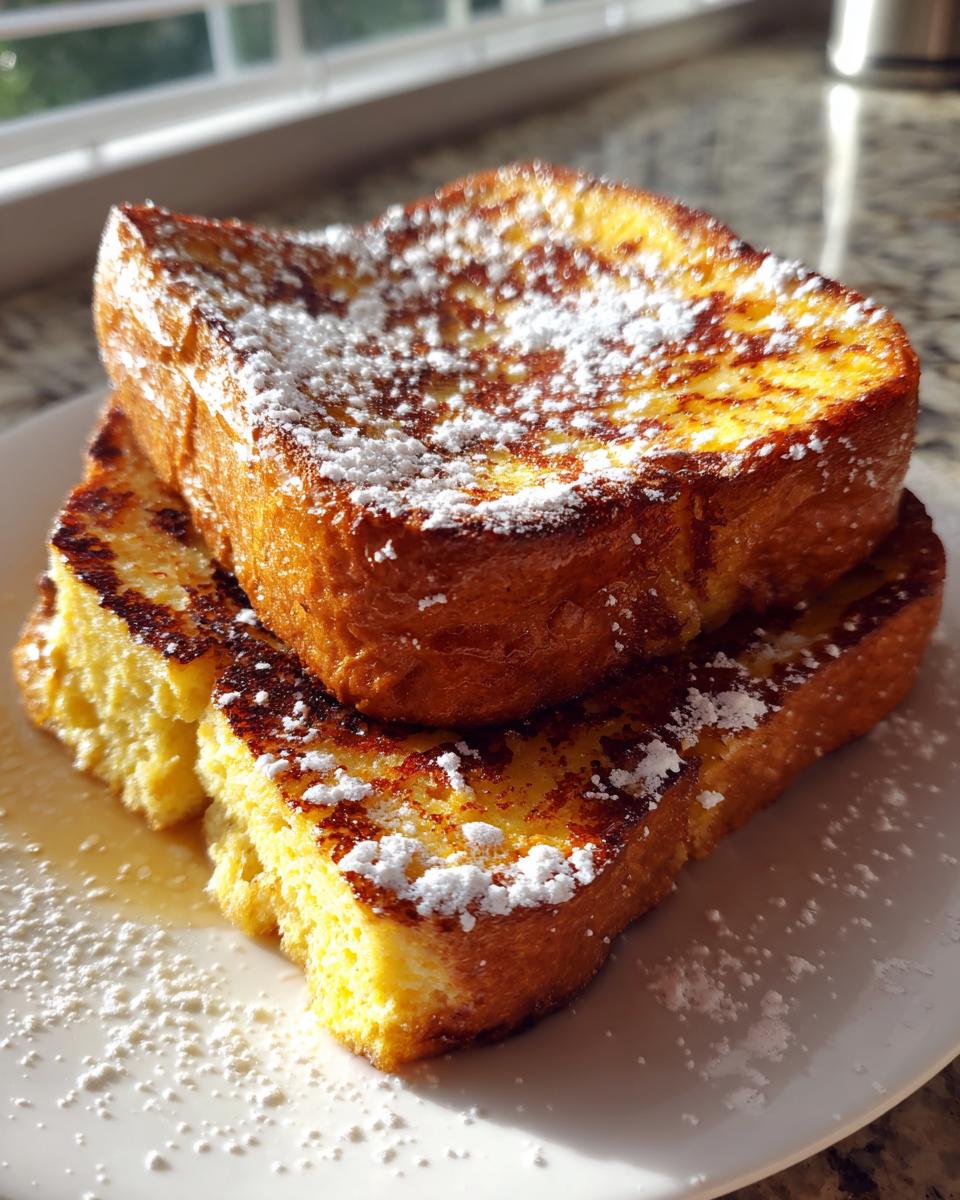 Two thick slices of golden brown french toast stacked on a white plate, dusted heavily with powdered sugar.