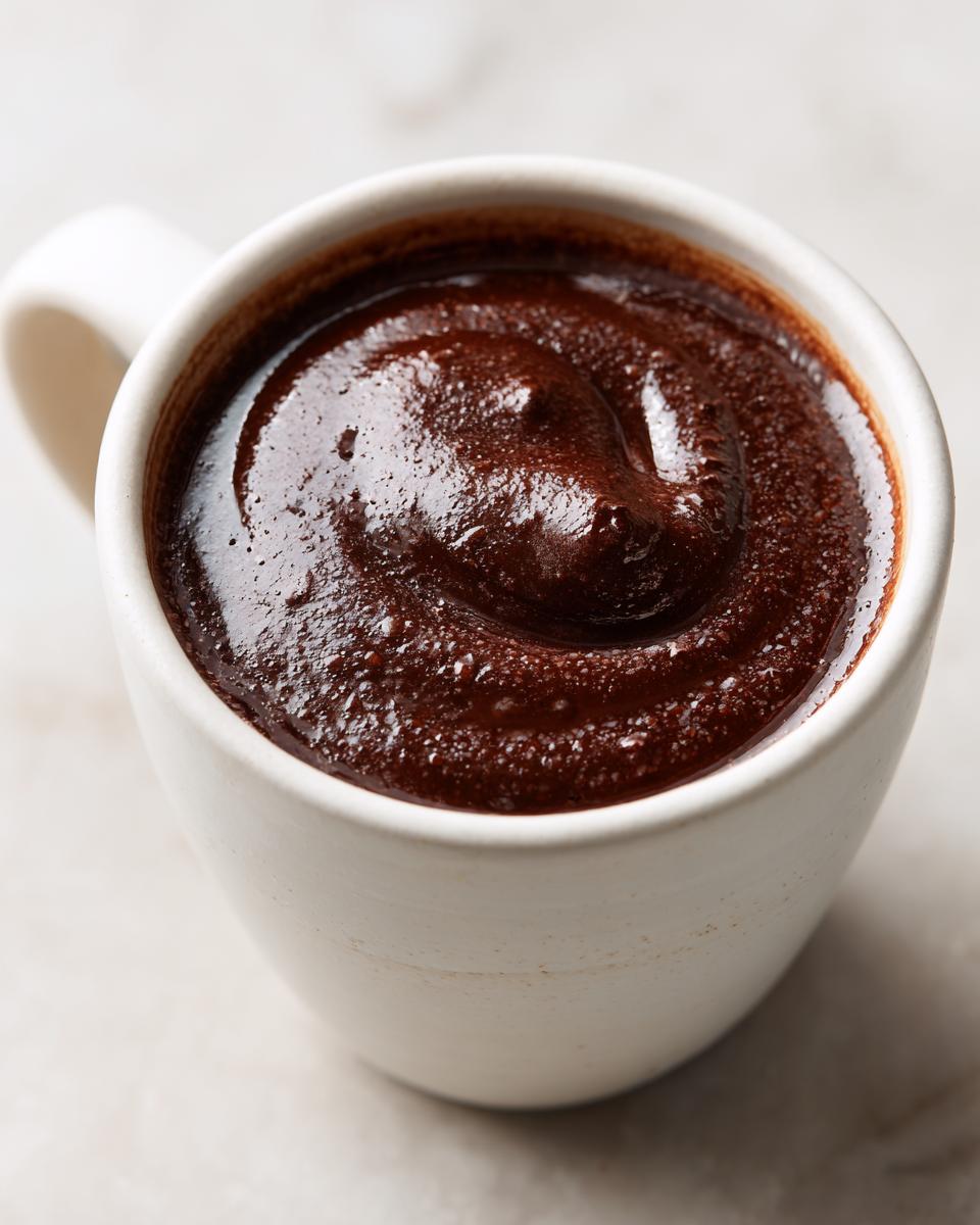 Close-up of thick, dark, rich french hot chocolate concentrate swirled inside a white ceramic mug.