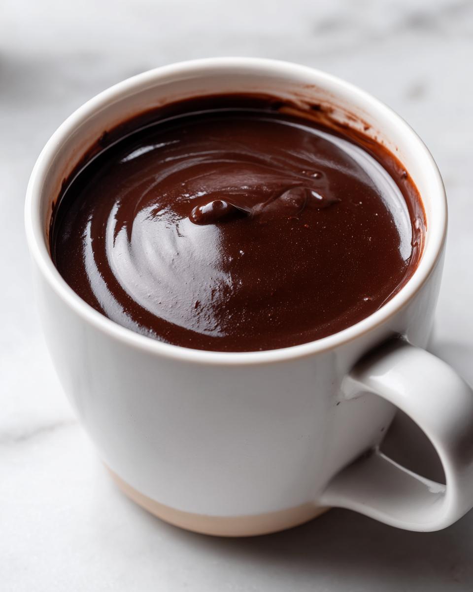 Close-up of thick, glossy french hot chocolate filling a white ceramic mug on a marble surface.