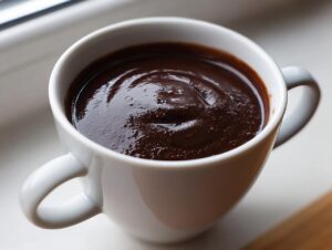 Close-up of thick, dark, rich french hot chocolate served in a white ceramic mug.