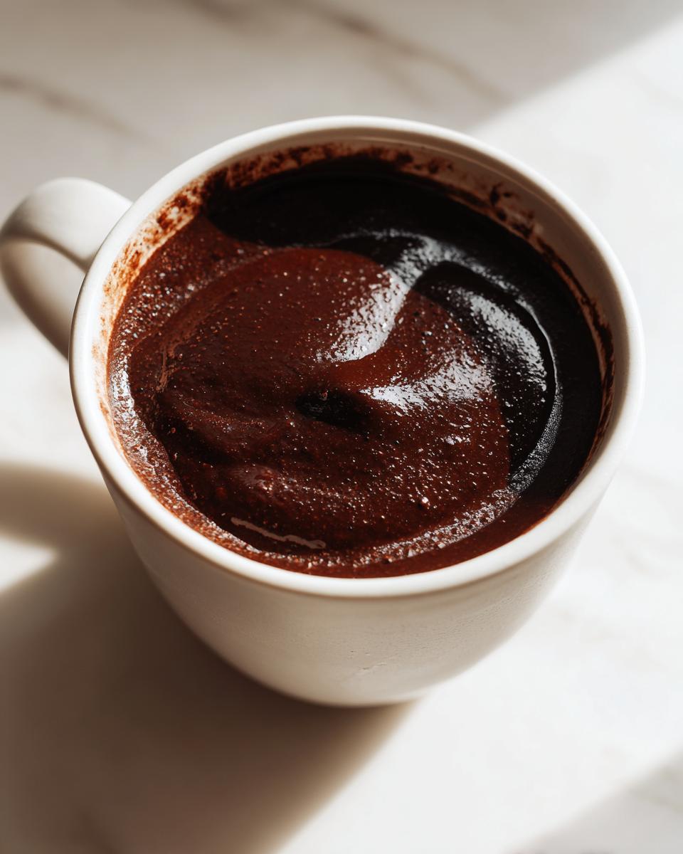 Close-up of thick, rich french hot chocolate in a white mug, showing its velvety texture.