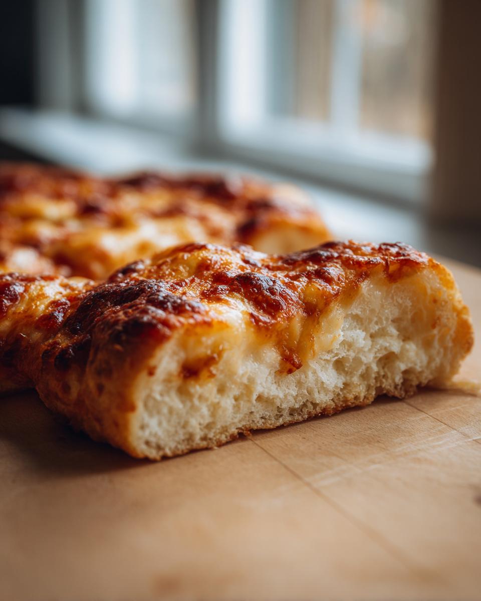 A thick slice of cheesy keto pizza crust showing its fluffy interior texture.