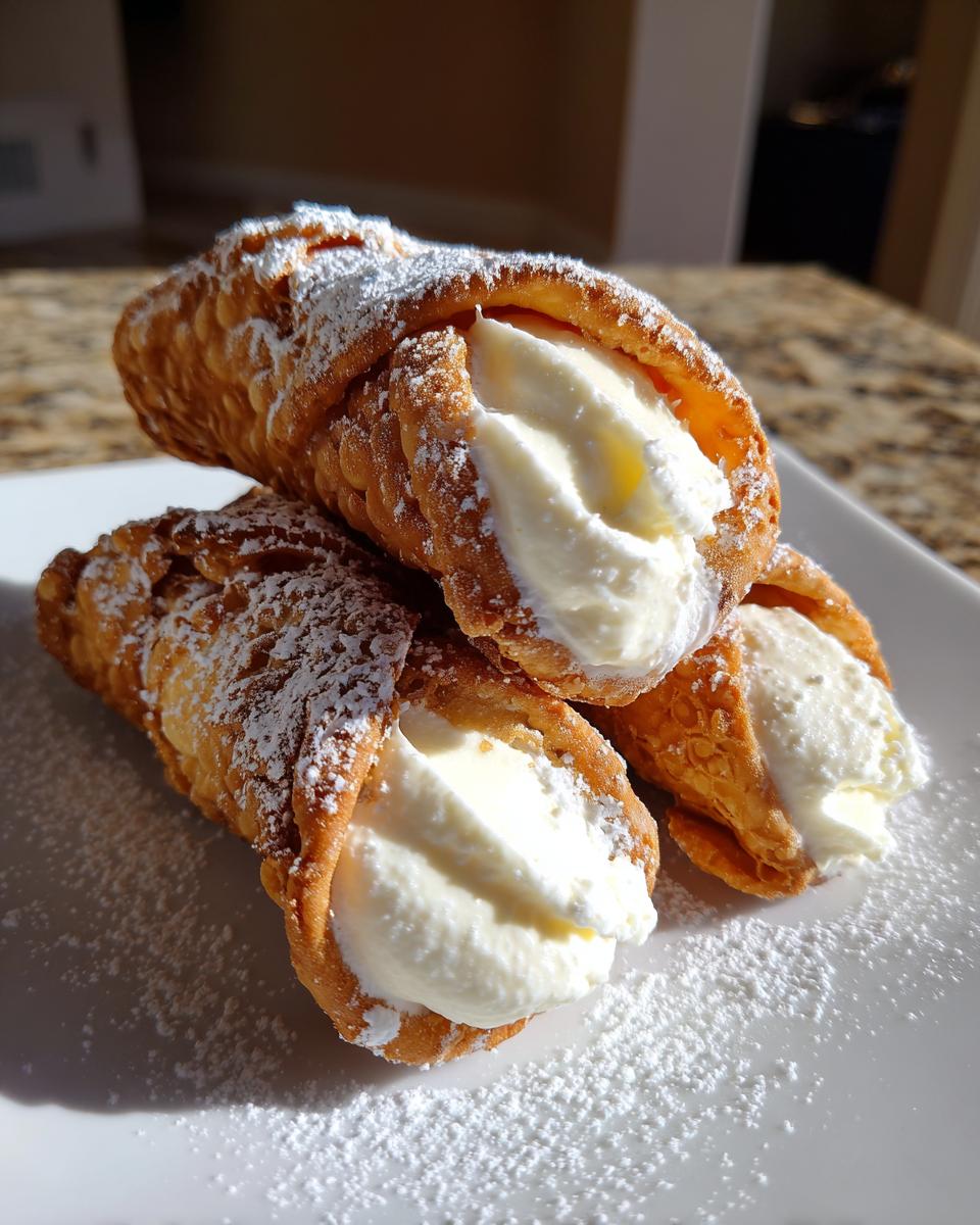 Three freshly made cannoli filled with sweet ricotta cream and dusted with powdered sugar.