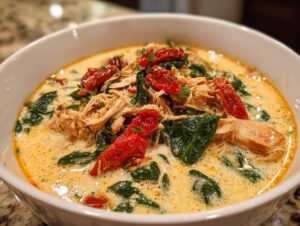 Close-up of a hearty bowl of Tuscan chicken soup featuring shredded chicken, spinach, and sun-dried tomatoes in a creamy broth.