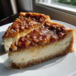 Two decadent slices of pecan pie cheesecake featuring a creamy filling and a glossy pecan topping, served on a white plate.