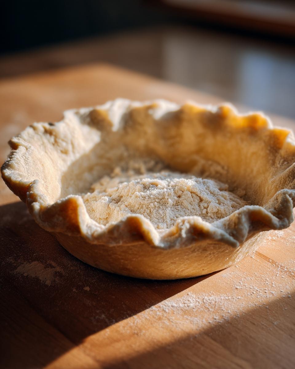 Close-up of an unbaked butter pie crust dough shaped in a dish, dusted with flour on a wooden surface.