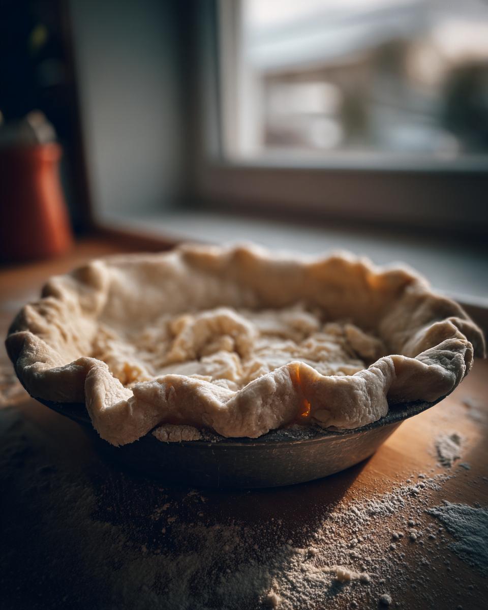 Unbaked, fluted butter pie crust dough resting in a dark pie dish on a floured wooden surface.