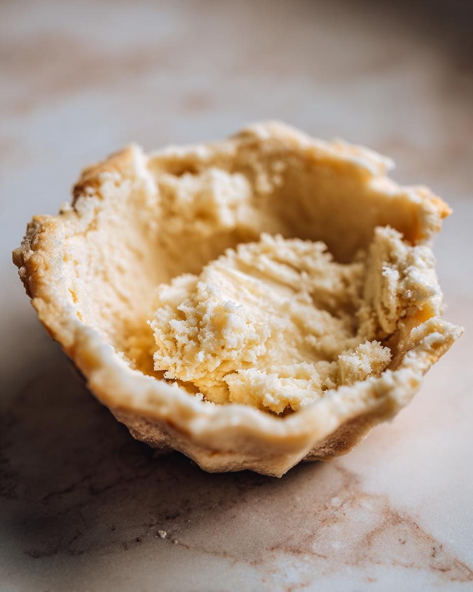 Close-up showing the crumbly texture inside an unbaked butter pie crust shaped into a small tart shell.