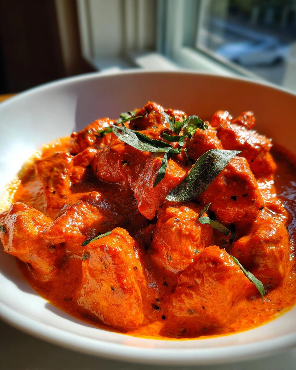 Close-up of rich, orange-red butter chicken pieces garnished with fresh green herbs in a white bowl.