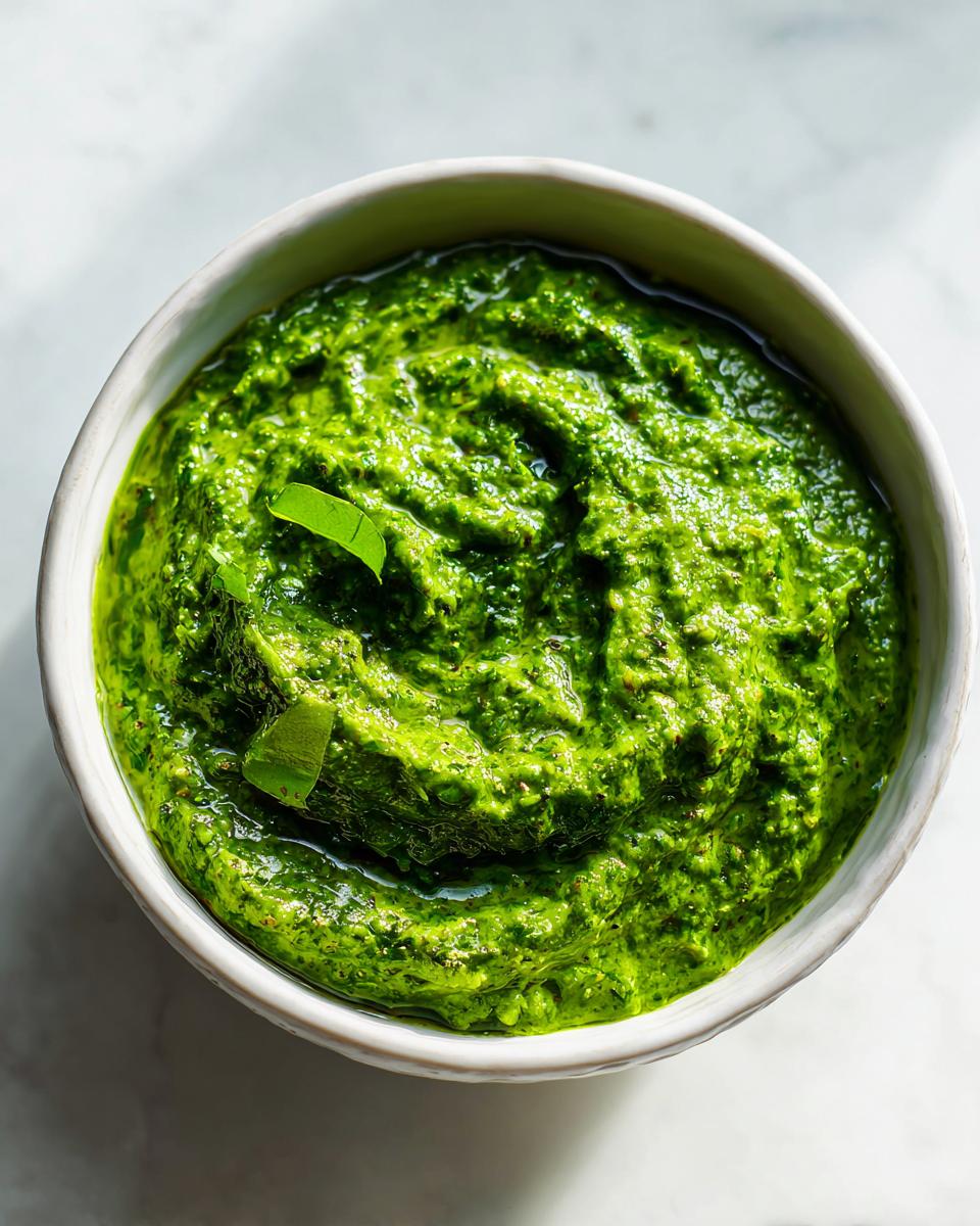 Close-up overhead shot of thick, bright green cilantro lime sauce in a small white bowl.