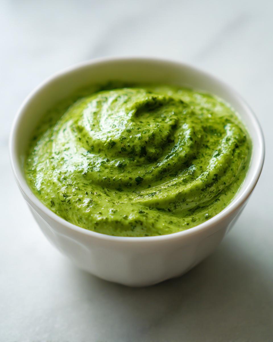 Close-up of a bright green, creamy cilantro lime sauce swirled in a small white bowl.