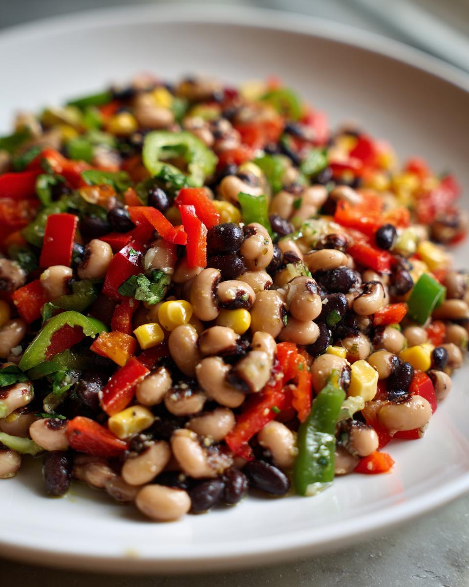 Close-up of colorful cowboy caviar dip featuring black-eyed peas, black beans, corn, and diced peppers.