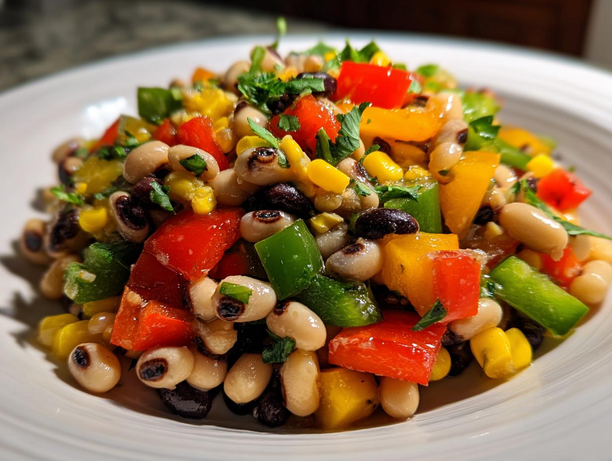 Close-up of colorful cowboy caviar dip featuring black-eyed peas, corn, and diced bell peppers.