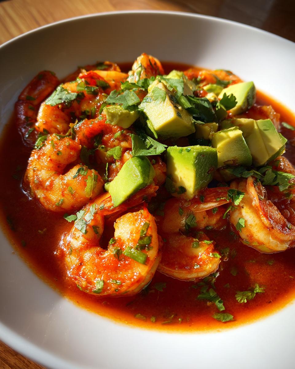 Close-up of flavorful mexican shrimp cocktail in a rich red sauce, topped with diced avocado and cilantro.