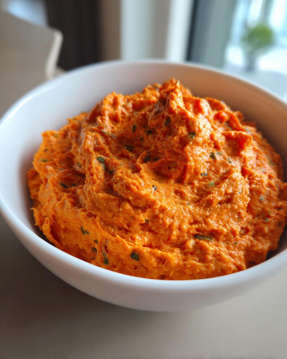 Close-up of a thick, bright orange boat dip mixed with green herbs, served in a white bowl.