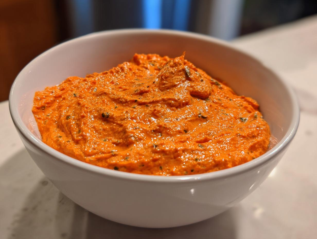 Close-up of a creamy, bright orange boat dip mixture with visible specks of herbs, served in a white bowl.