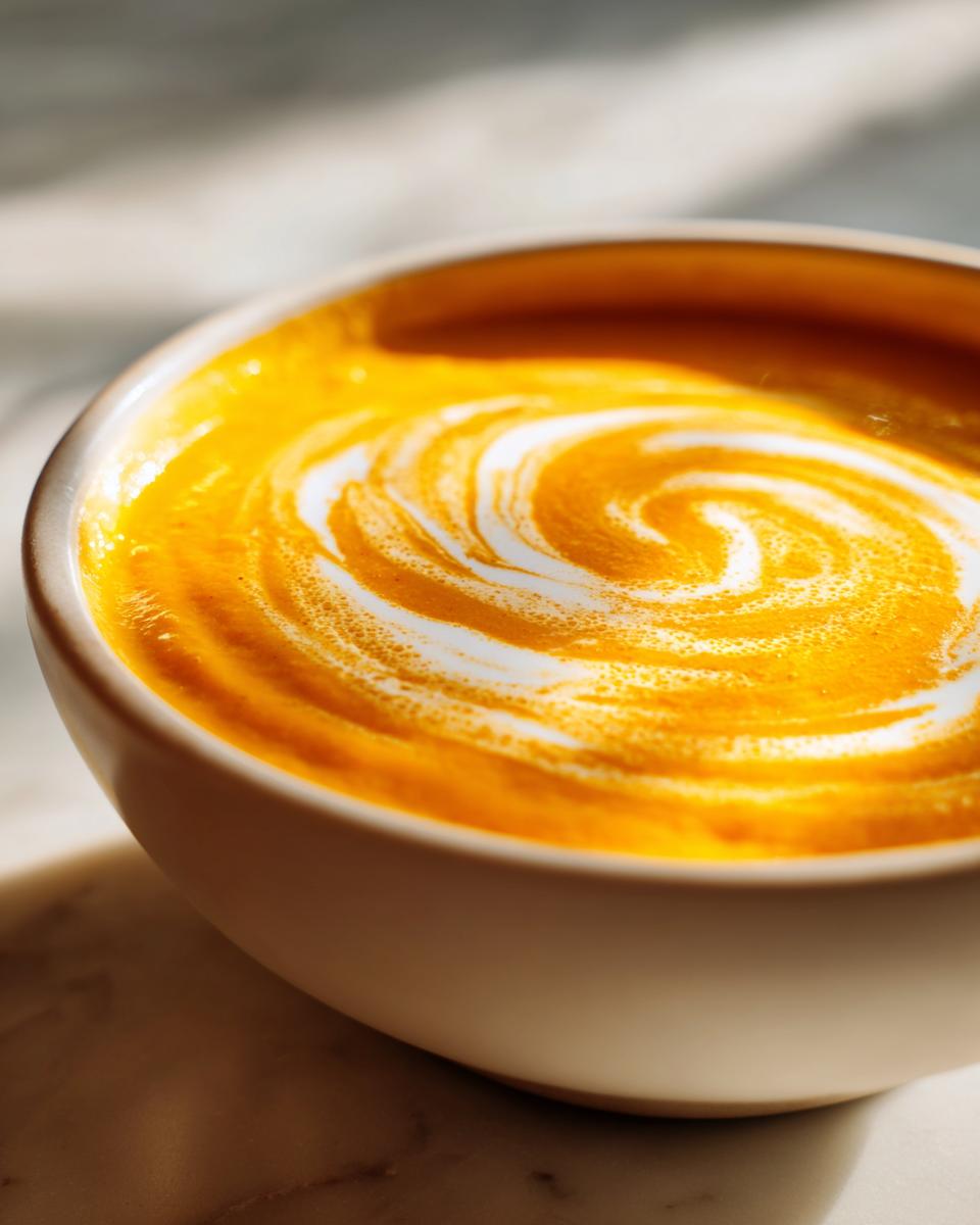 Close-up of vibrant orange pumpkin soup topped with a white cream swirl pattern in a light bowl.