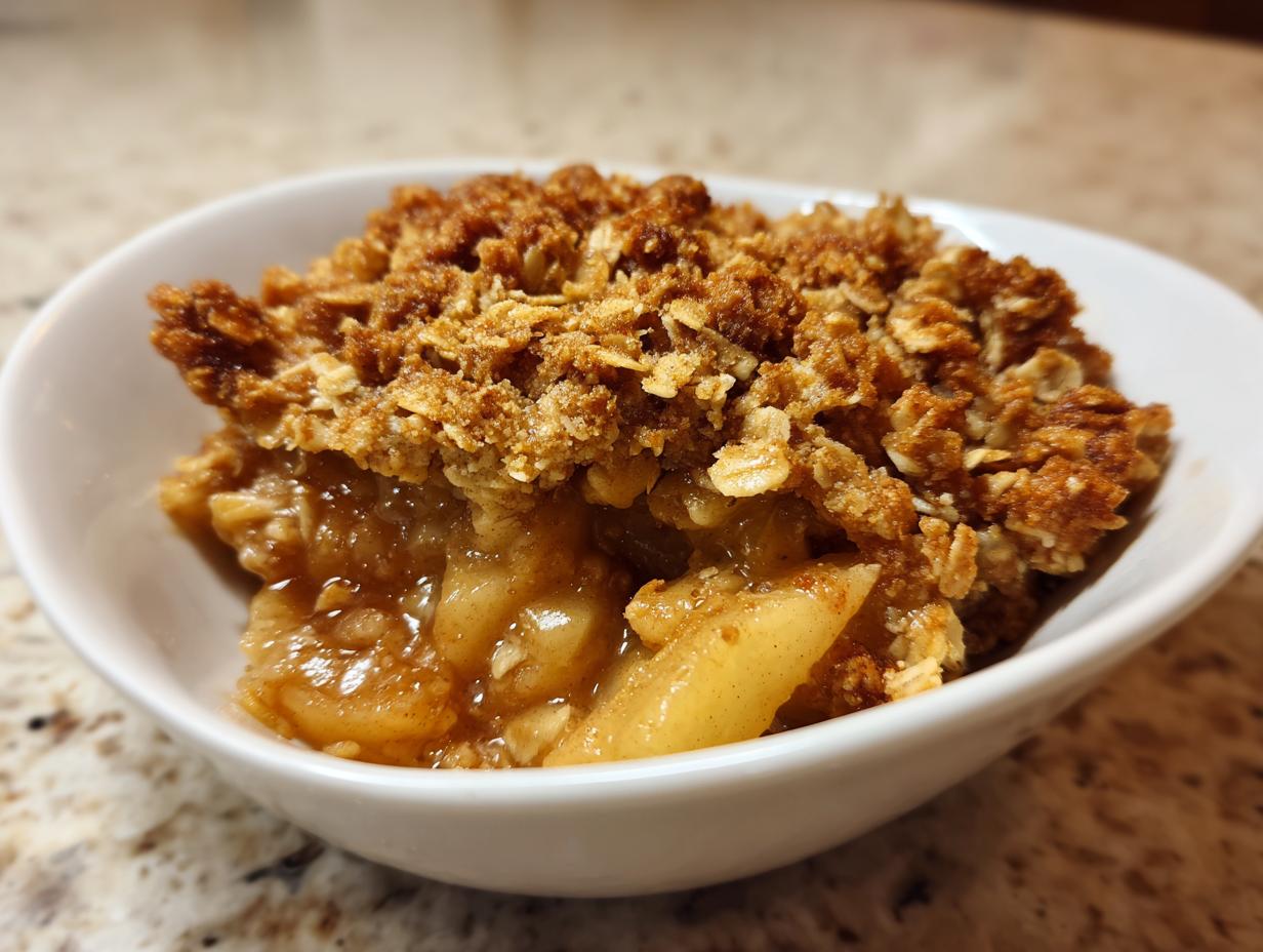 A close-up view of a warm serving of apple crisp, featuring gooey spiced apples and a crunchy oat topping.
