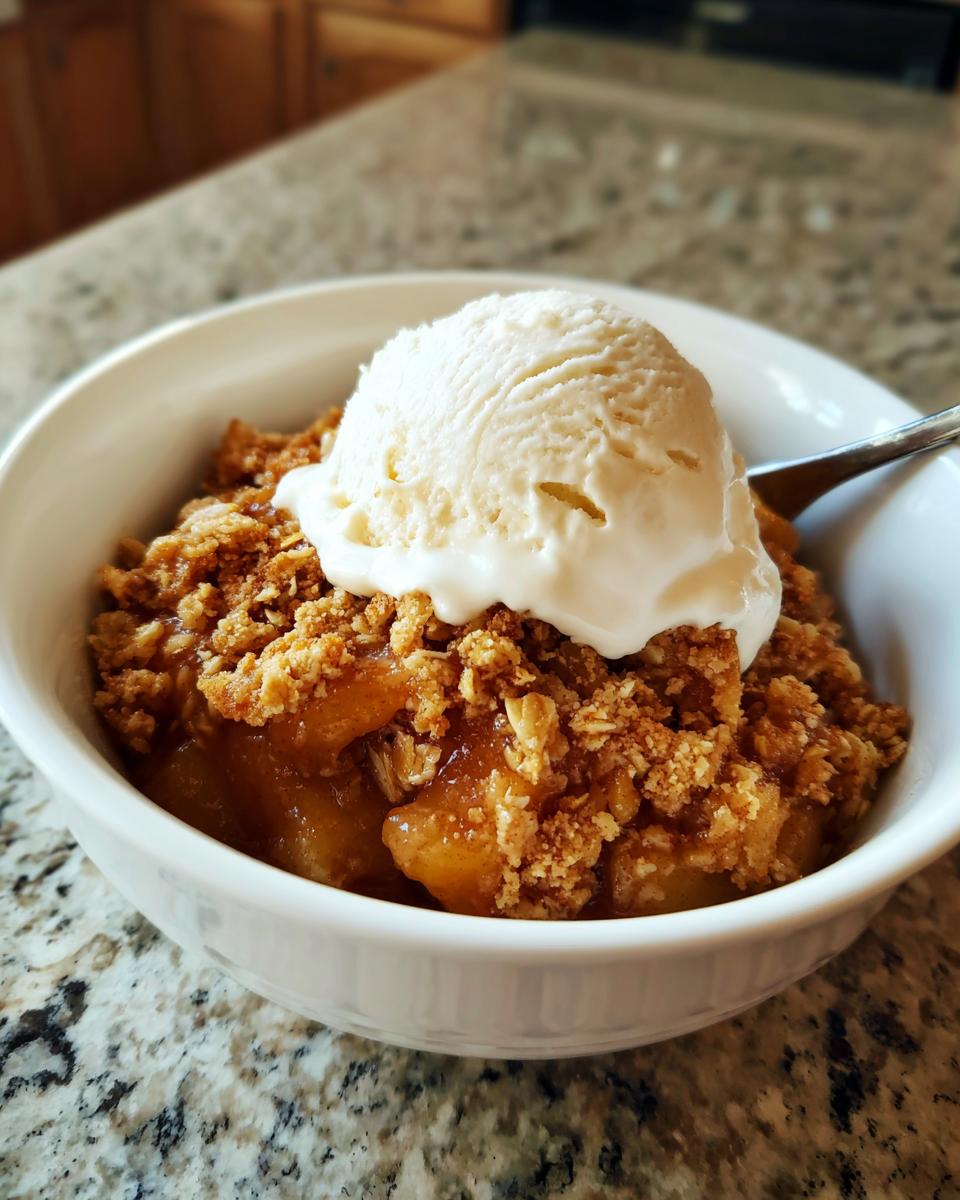 A close-up of a warm serving of apple crisp topped with a scoop of melting vanilla ice cream in a white bowl.