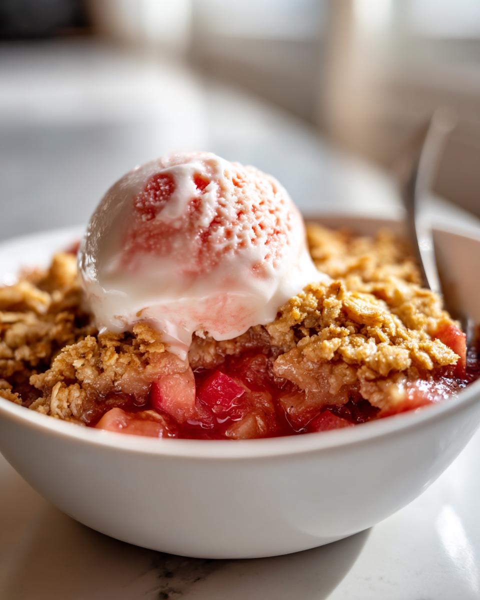 Close-up of a serving of warm rhubarb crisp topped with a melting scoop of strawberry ice cream in a white bowl.