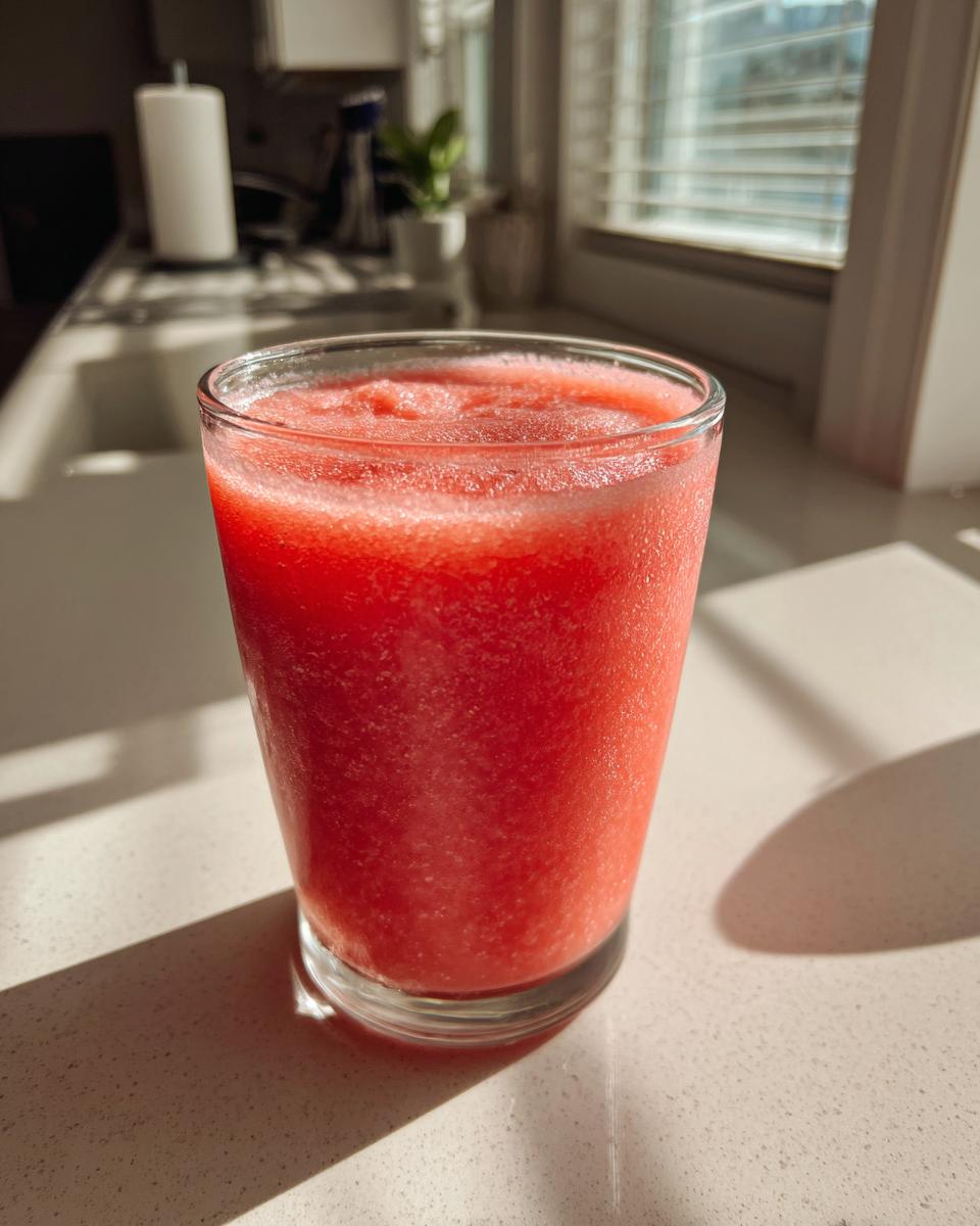 A tall glass filled with a bright red, icy watermelon smoothie sitting on a sunlit kitchen counter.