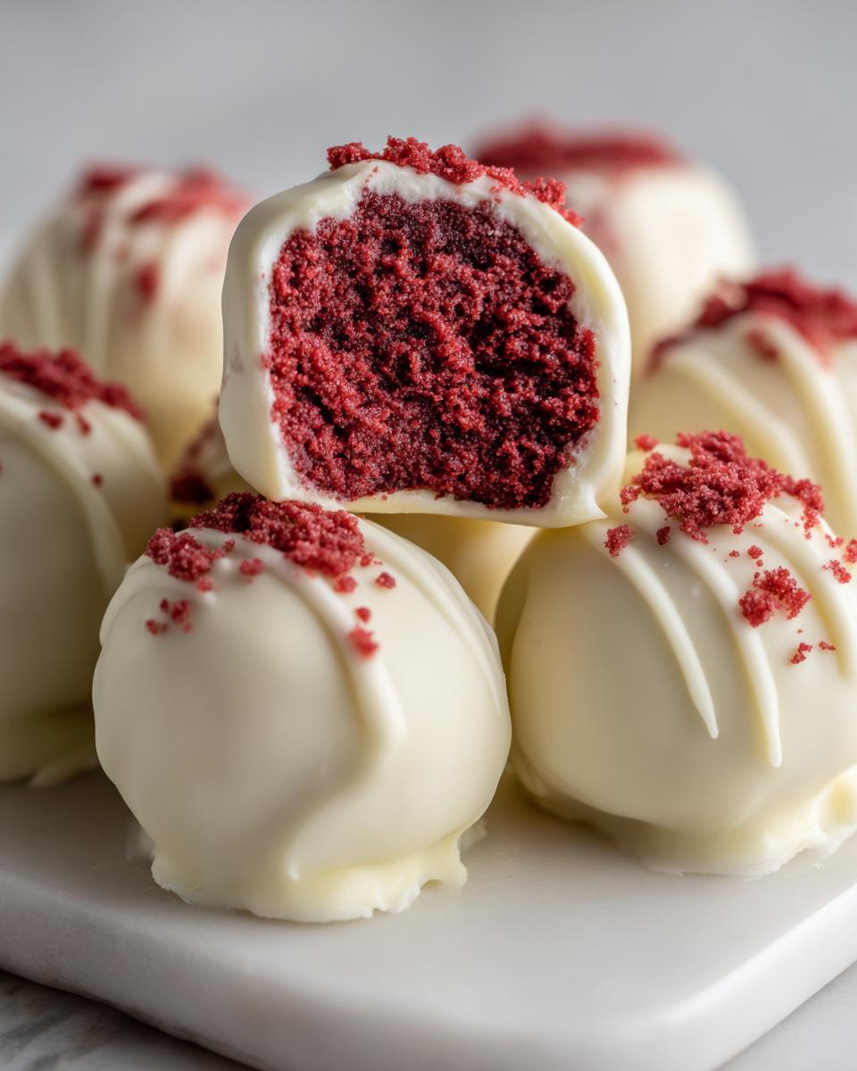 Close-up of white chocolate covered red velvet cake balls, one cut open showing the deep red interior.