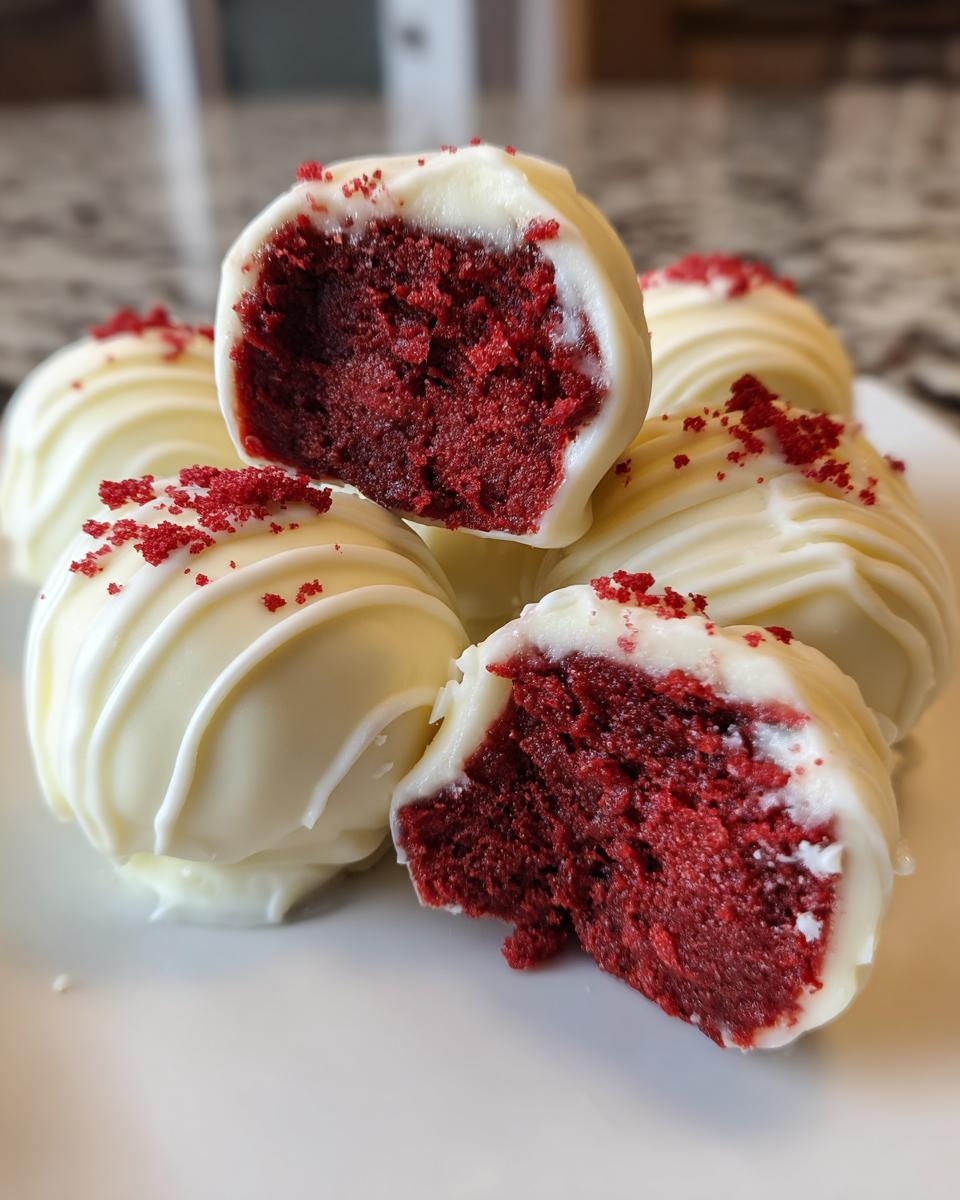 A stack of white chocolate covered red velvet cake balls, one cut in half showing the rich red interior.