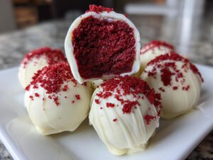 Close-up of white chocolate red velvet cake balls, one cut open to show the bright red interior.
