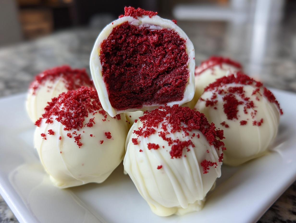 Close-up of white chocolate red velvet cake balls, one cut open to show the bright red interior.
