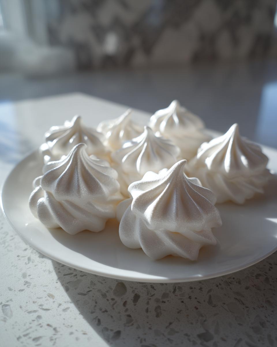 A close-up of several perfectly piped white meringue cookies arranged on a white plate, highlighted by natural light.