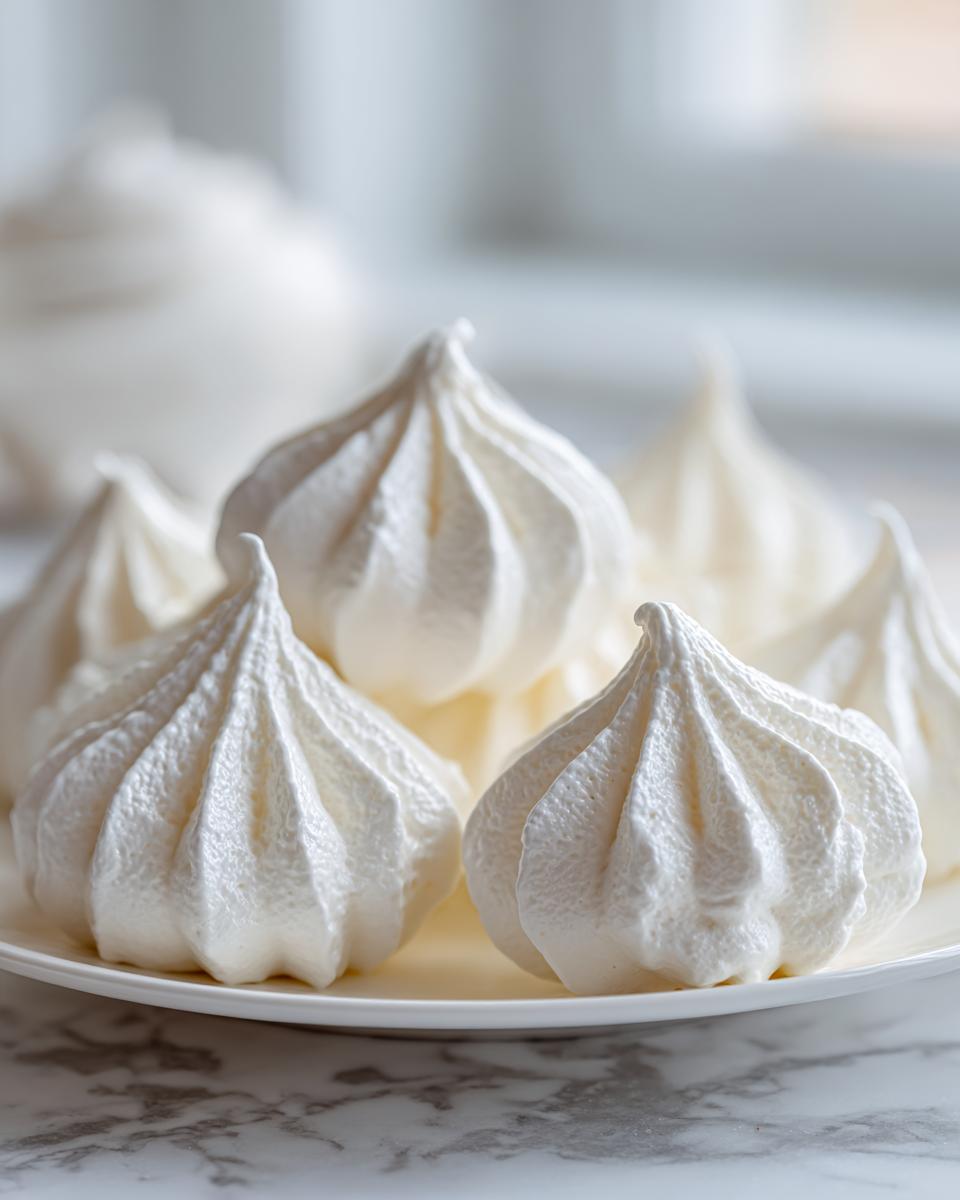 Close-up of several perfectly piped, white meringue cookies stacked on a white plate.