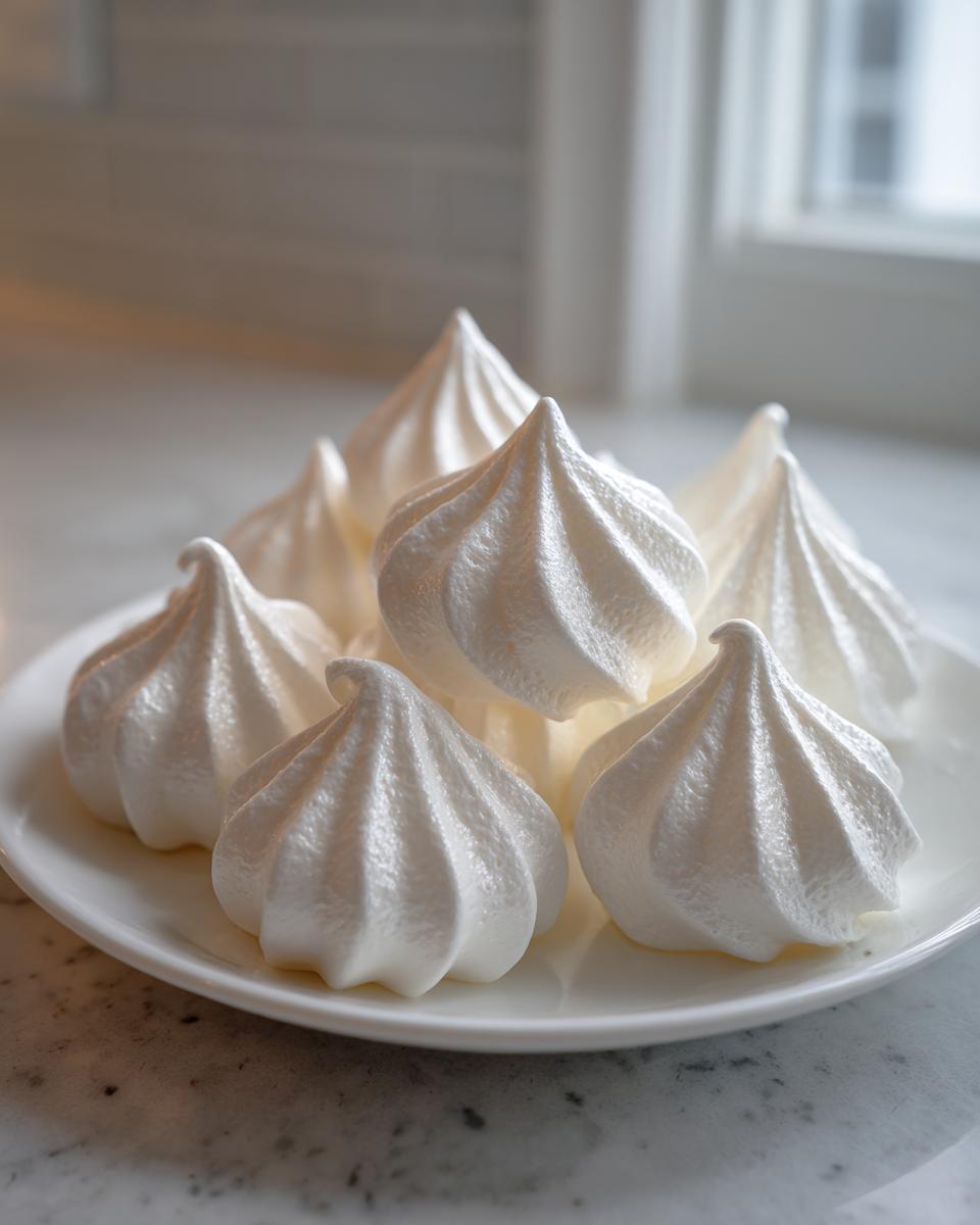 A close-up of several perfectly piped, white meringue cookies stacked on a small white plate.