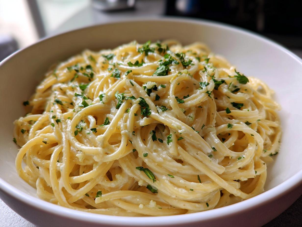 Close-up of creamy spaghetti coated in a rich garlic parmesan sauce, topped with fresh parsley.