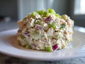 A scoop of creamy healthy tuna salad mixed with celery and red onion, served on a white plate.