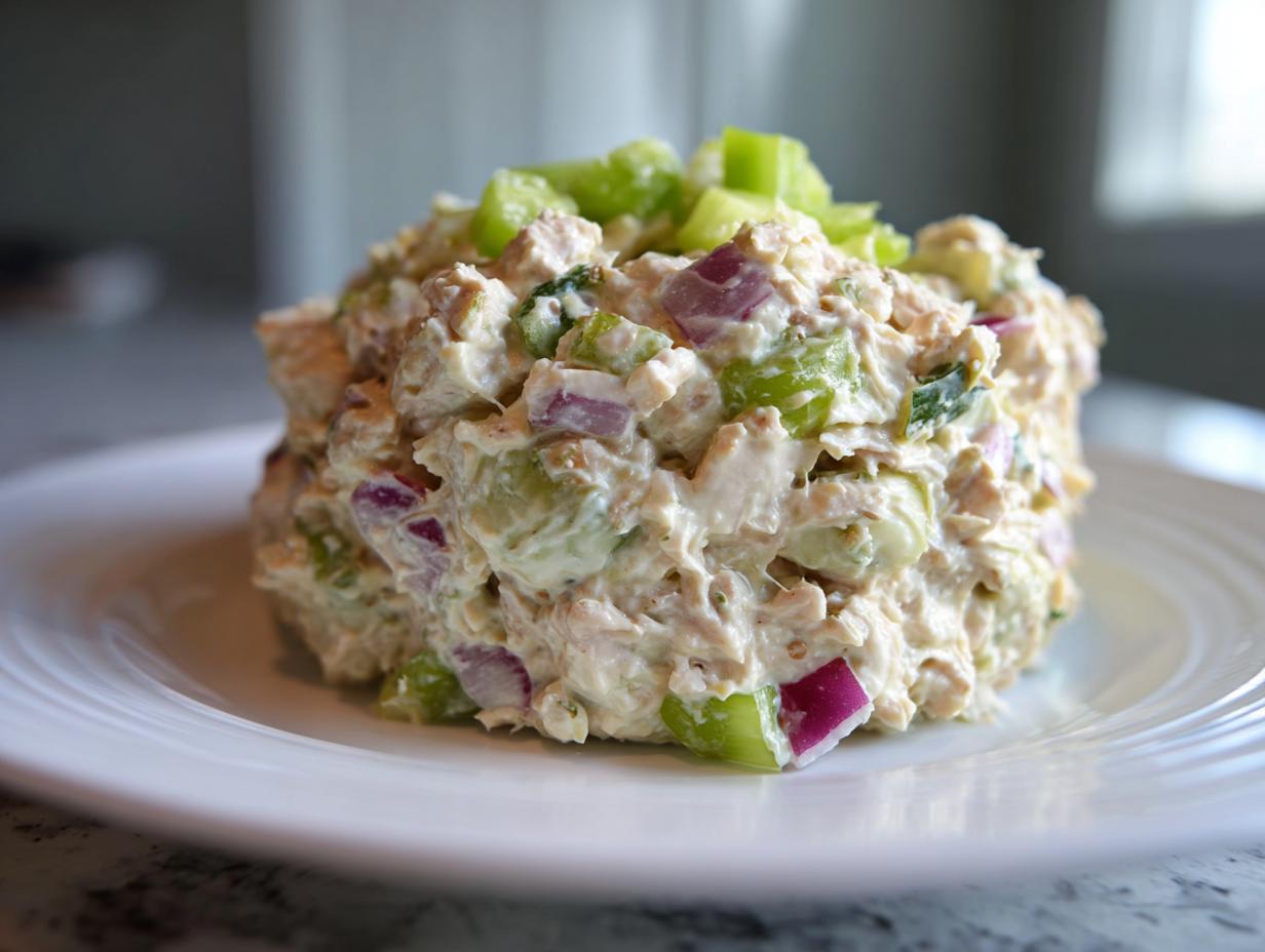 A scoop of creamy healthy tuna salad mixed with celery and red onion, served on a white plate.
