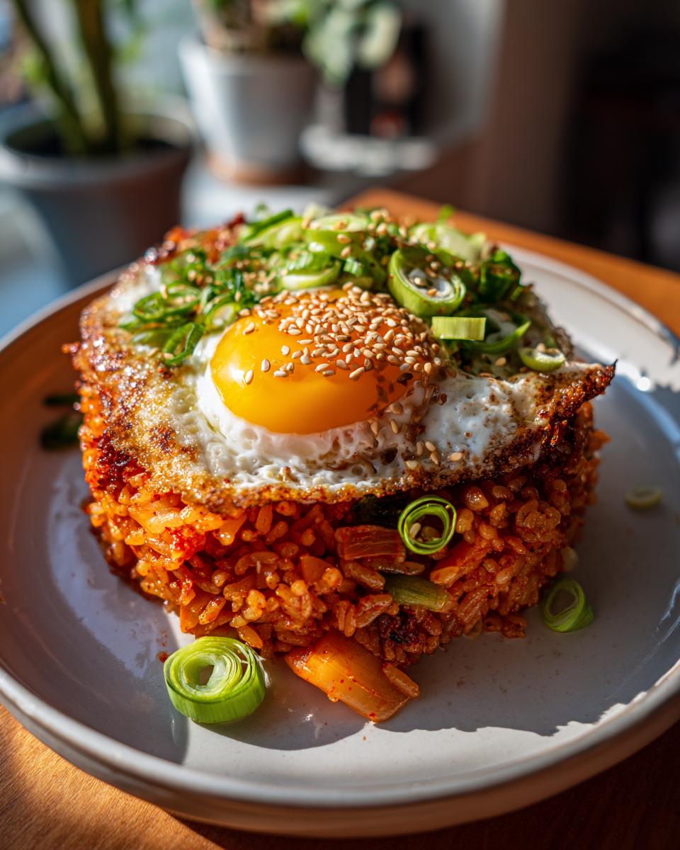 A vibrant mound of kimchi fried rice topped with a sunny-side-up egg, sesame seeds, and green onions.