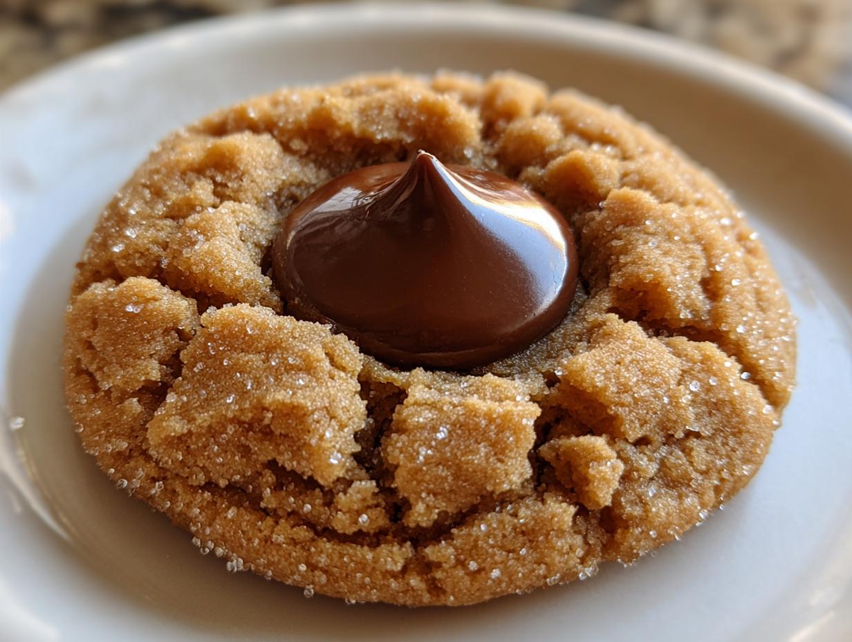 A close-up of a perfectly baked peanut butter blossom cookie, coated in sugar, with a glossy chocolate kiss center.