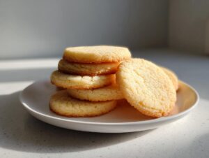 A stack of golden, textured 3-ingredient butter cookies resting on a white plate, illuminated by sunlight.