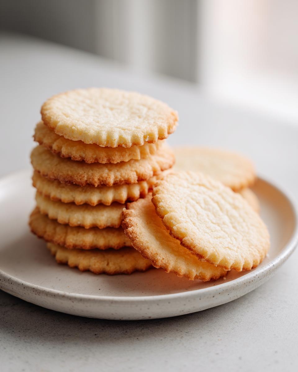 A stack of golden, round 3-ingredient butter cookies with ruffled edges on a speckled white plate.