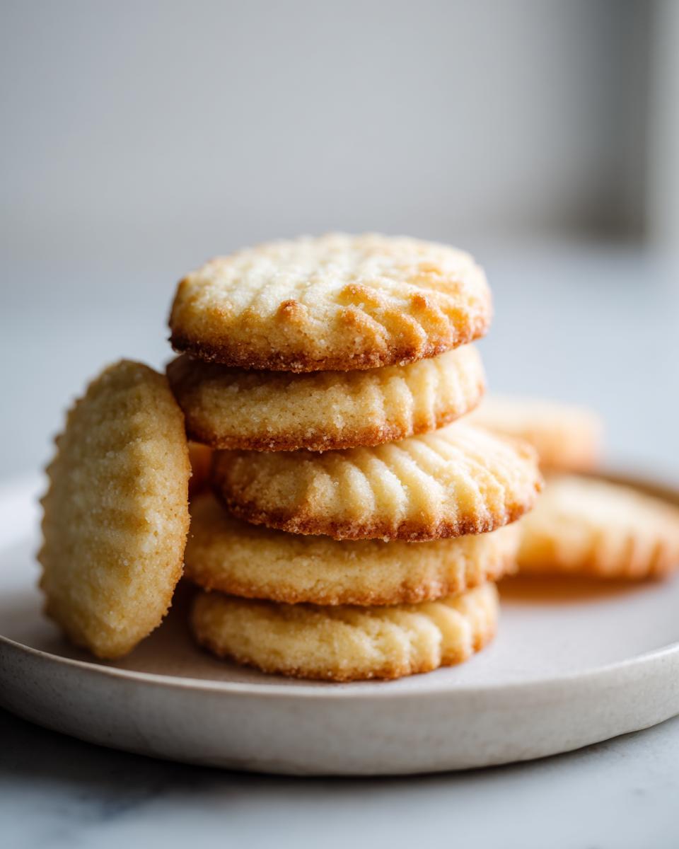 A close-up stack of golden, ridged 3-ingredient butter cookies resting on a light-colored plate.