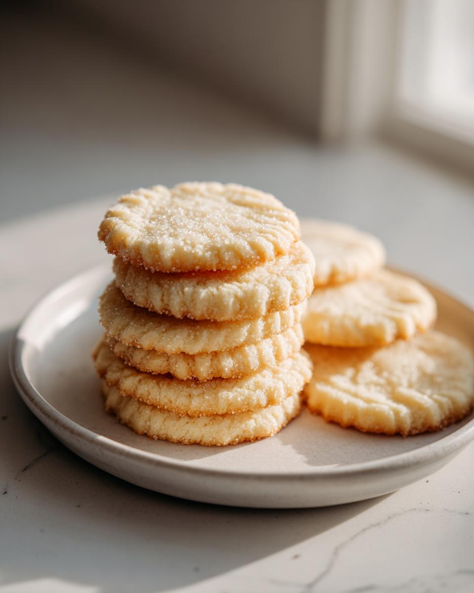 A stack of golden 3-ingredient butter cookies, lightly sprinkled with sugar, resting on a light plate.