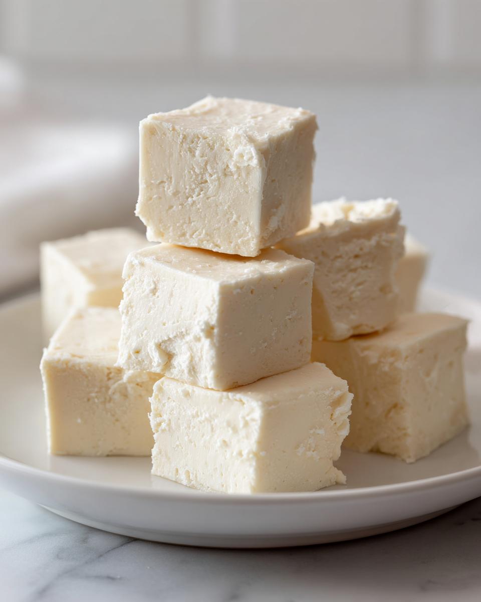 A stack of creamy, square pieces of white chocolate fudge piled on a white plate.