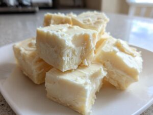 Close-up of several creamy, pale yellow cubes of white chocolate fudge stacked on a white plate.