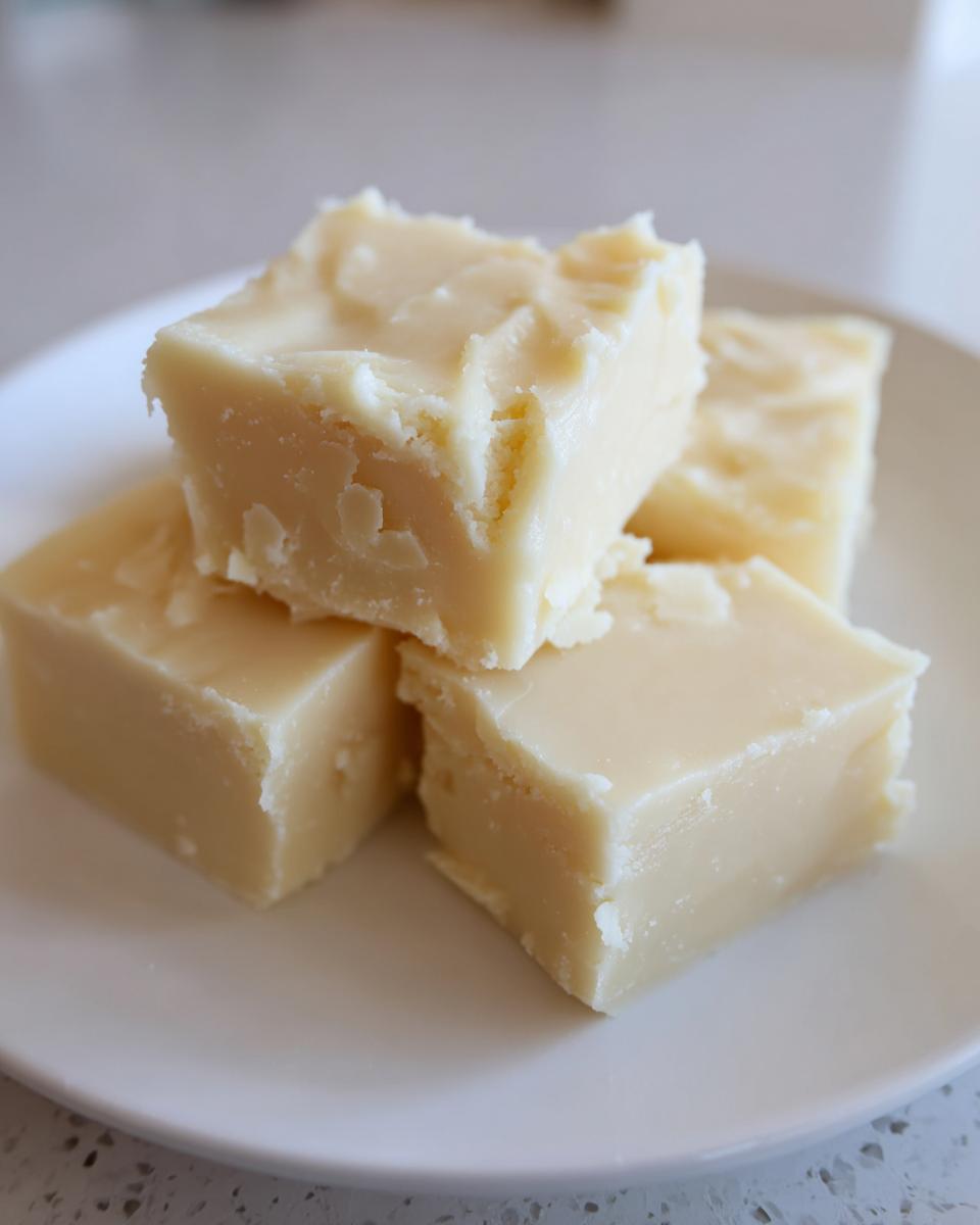 Four squares of creamy, pale white chocolate fudge stacked slightly on a white plate.