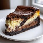 A decadent slice of 3-layer chocolate cheesecake with a dark crust and rich chocolate ganache topping.